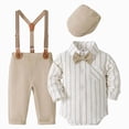 thumbnail image 1 of Nwiuh Baby Boy Clothes Set Infant Gentleman Wedding Outfits Dress Romper Ring Bearer Beret Hat Suspenders Bowtie Suits Khaki 12M, 1 of 4