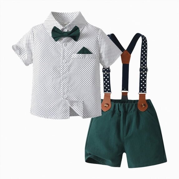 Nwiuh Baby Boy Clothes Suits, Toddler Summer Formal Short Shirt+ Bowtie+ Suspender Shorts Gentleman Wedding Outfit(6M-6T) (Z02-White, 4-5 Years)