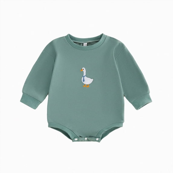 Nwiuh Baby Boy Fall Clothes Duck Embroidery Bubble Romper Round Neck Long Sleeve Jumpsuit Newborn Winter Outfits (Green, 6-12 Months)