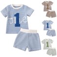 thumbnail image 1 of Nwiuh Baby Boy First Birthday Outfit One Embroidery Waffle Tops Short Sets 1st Birthday Outfit Summer Clothes 6 12 18 M Brown for Size 12-18M, 1 of 6