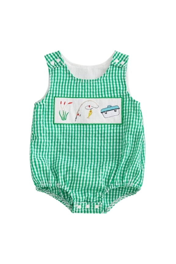Baby Boy Summer Clothes Sleeveless Embroidery Fishing Gingham Romper Jumpsuit Retro Smocked Shortall (Green, 6-12 Months)