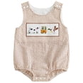 thumbnail image 1 of Nwiuh Baby Boy Summer Clothes Sleeveless Embroidery Fishing Gingham Romper Jumpsuit Retro Smocked Shortall (Khaki, 0-3 Months), 1 of 6