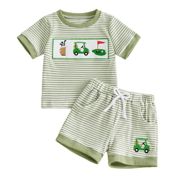 Nwiuh Baby Boy Summer Outfit Embroidered Knit T-shirt Short Set Toddler Boy Summer Golf Baseball Football Boy Clothes Set (Z02-Green, 2-3 Years)