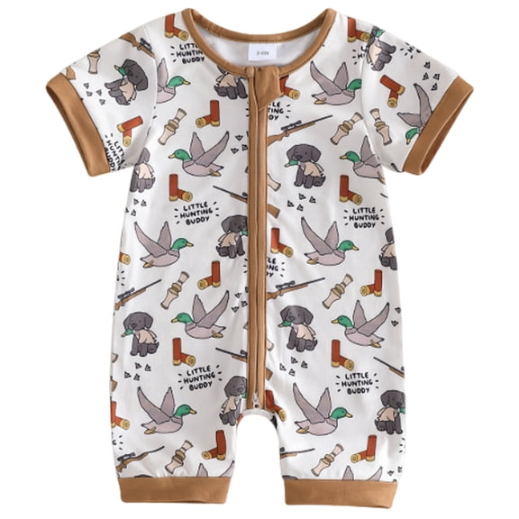 Nwiuh Baby Boy Summer Outfit Newborn Mallard Duck Deer Romper Zipper Onesie Jumpsuit Overalls Camo Hunting Clothes (Brown, 6-12 Months)