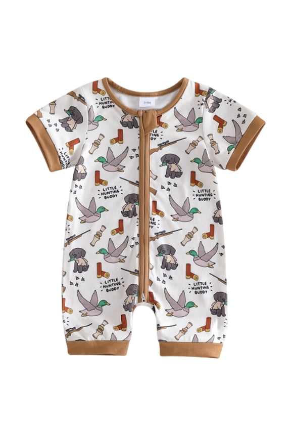 Baby Boy Summer Outfit Newborn Mallard Duck Deer Romper Zipper Onesie Jumpsuit Overalls Camo Hunting Clothes (Brown, 6-12 Months)