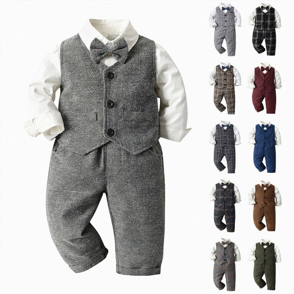 Nwiuh Baby Boys Gentleman Outfits Suits Long Sleeves Shirt with Bow Tie+Vest+Pants 3pcs Christening Wedding Party Suit (Light Gray, 4-5 Years)
