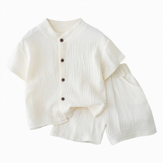 Nwiuh Baby Cotton Gauze Shirt/Shorts Sets Outdoor Toddler Button-down Clothes Set Summer Short Sleeve Outfit 2PC(Beige, 12-18 Months)