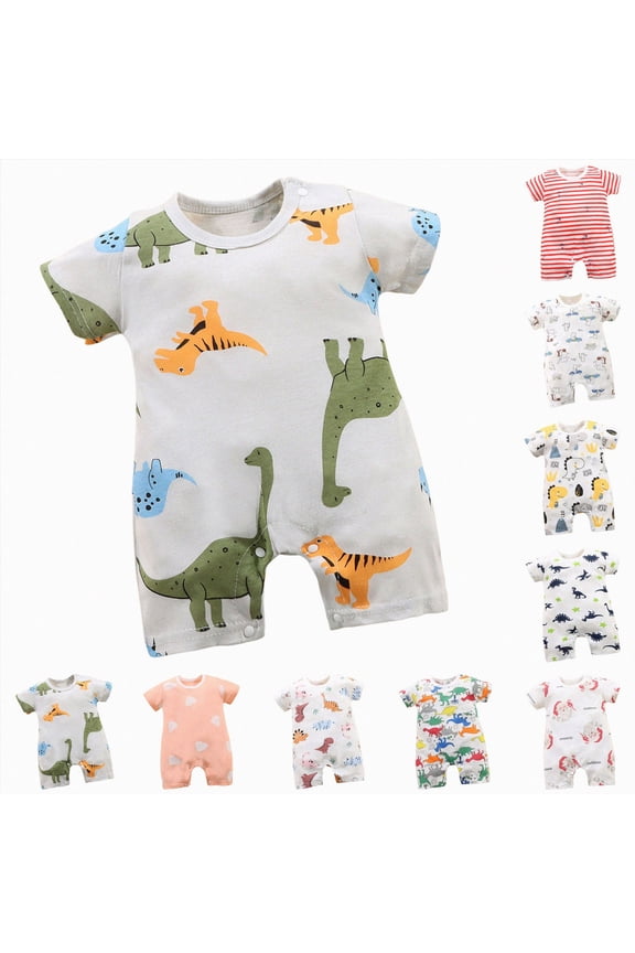 Baby Dinosaur Romper Short Sleeve Crewneck Newborn Boys Cute Stripe Onesie Cotton Sleepsuit Button (Blue, 12-18 Months)