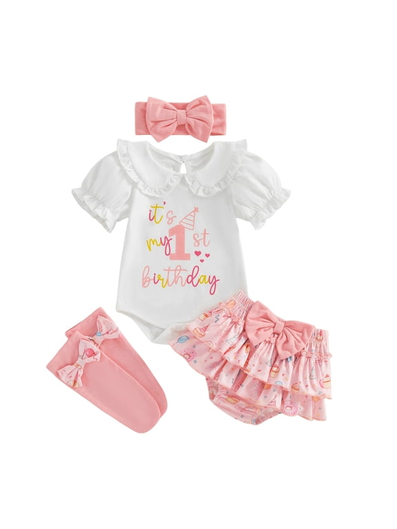 Baby Girl Birthday Outfit Short Sleeve 1st Letter Romper+Tutu Shorts+Socks+Headband Baby First Birthday Dress (Red, 12-18 Months)