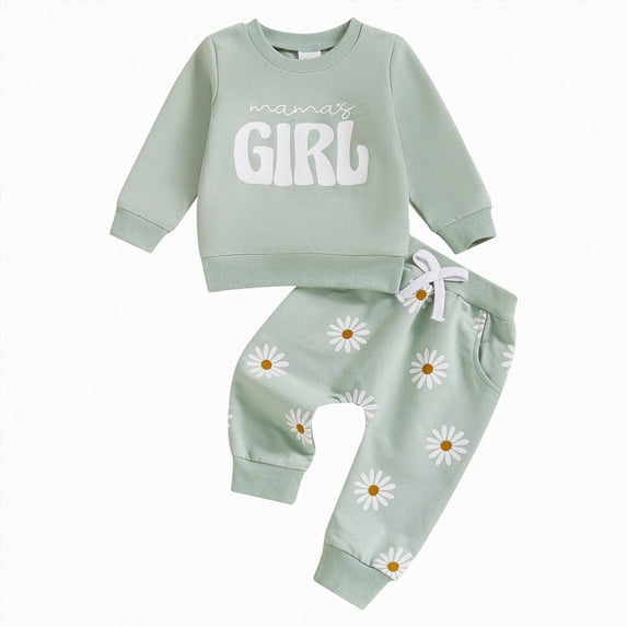 Nwiuh Baby Girl Fall Winter Outfit Daddys Girl Letter Long Sleeve Sweatshirt and Stretch Pants 6 12 18 24M Clothes Set (Z03-Green, 0-6 Months)