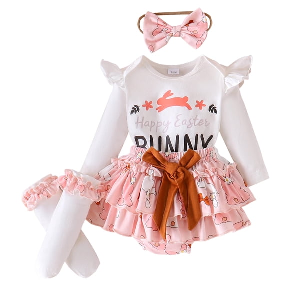Nwiuh Baby Girl Outfit Easter American Long Sleeve Romper+Skirt Shorts+Headband+Socks Summer Set (White, 12-18 Months)