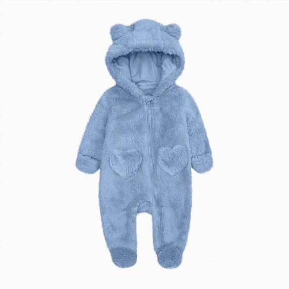 Nwiuh Baby Hooded Fleece Romper Long Sleeve Onesie Outwear Outfits 0-12M | Fall Winter Clothes,Halloween Outfits,Soft and Warm,Cute Bear Onesie,Baby Snowsuit (Light Blue, 3-6 Months)