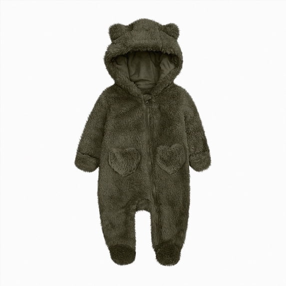 Nwiuh Baby Hooded Fleece Romper Long Sleeve Onesie Outwear Outfits 0-12M | Fall Winter Clothes,Halloween Outfits,Soft and Warm,Cute Bear Onesie,Baby Snowsuit (Army Green, 6-9 Months)