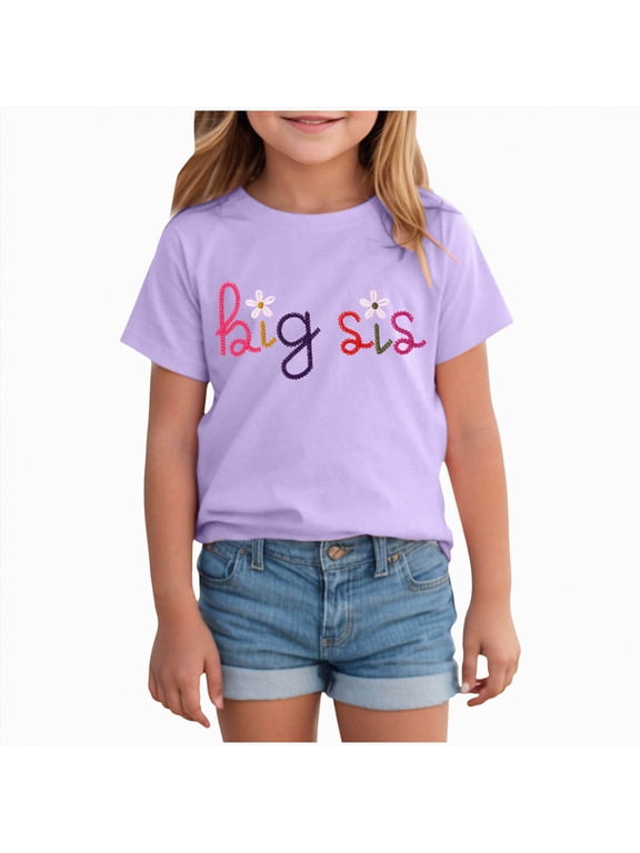 Big Sister Shirts Toddler Baby Girl Embroidered Promoted to Big Sis Announcement T-Shirt Short Sleeve Tee Tops(Purple,3-4 Years)