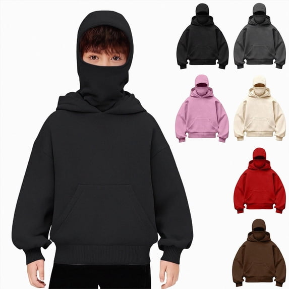 Nwiuh Boys Balaclava Hoodies Double Hooded Pullover Windproof Hoodie with Mask Ski Sweatshirts Jacket for Boys Girls Kids (Beige, 8-9 Years)