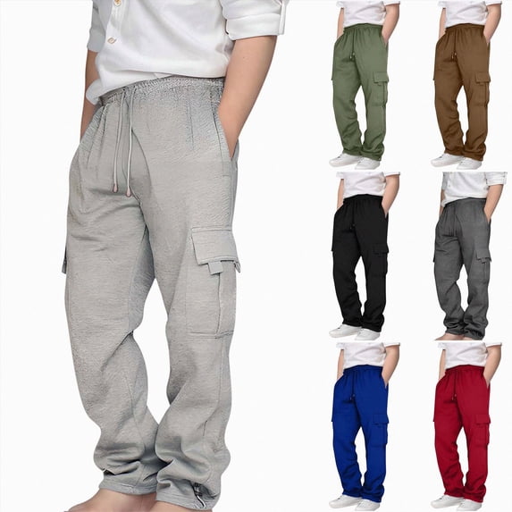 Nwiuh Boys Sweatpants Kids Drawstring Cargo Pants with Pockets Wide Leg Elastic Waist Baggy Jogger Back to School Clothes (Red, 7-8 Years)