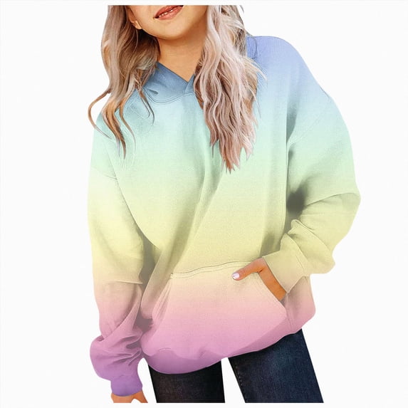 Nwiuh Cute Hoodies for Teen Girls Trendy Preppy Hooded Sweatshirts Oversized Long Sleeve Shirts Gradient Clothes for Girls (Yellow, 9-10 Years)