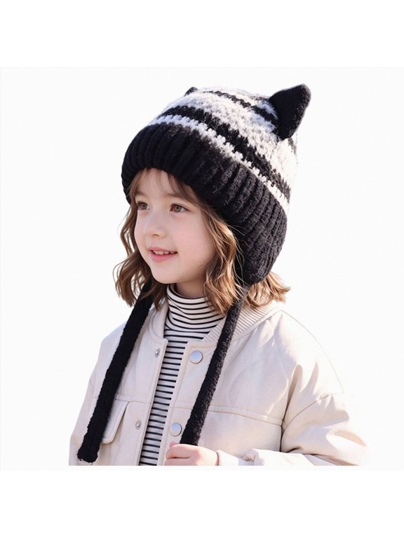 Fox Ears Beanie Warm Handmade Knitting Hats Pompom Caps Patchwork Funny Cat Hats