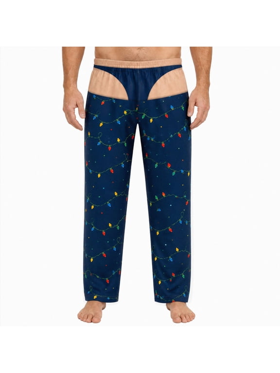 Funny Pajamas for Men Christmas Novelty Butt Print Ugly Pant Loungewear,Funny Pajama Pants Soft Lightweight Fabric, Wide Leg Loose Fit, Plaid Christmas Print(Blue,L)