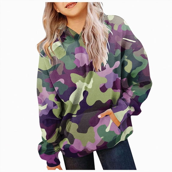 Nwiuh Girl's Camo Hoodie Long Sleeve Hooded Sweatshirt Y2k Vintage Streetwear Casual Pullover Tops(Purple,2-3)