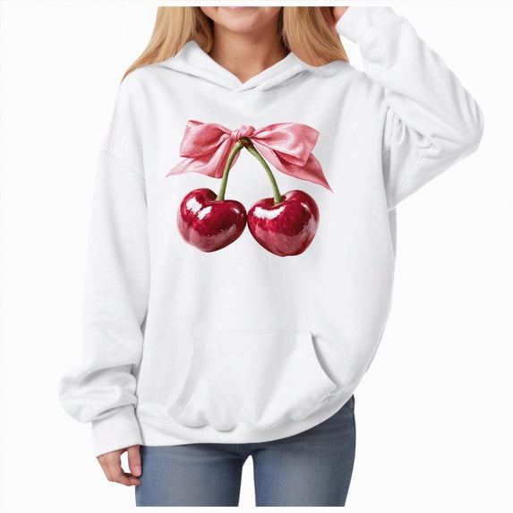Nwiuh Girl's Cherry Graphic Hoodie Hooded Sweatshirt Cute Pullovers Tops | Long Sleeve (White, 3-4 Years)