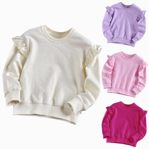 Nwiuh Girl's Cotton Sweatshirts Cute Ruffle Shoulder Crewneck Sweatshirts Toddler Girls Trendy Casual Pullover Preppy Tops (Purple, 7-8 Years)