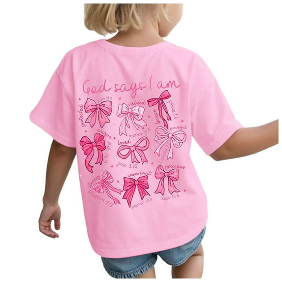 Nwiuh Girl's Cute Bow Graphic T Shirts Short Sleeve Crew Neck Loose Fit Summer Casual Tee Tops (Pink, 5-6 Years)