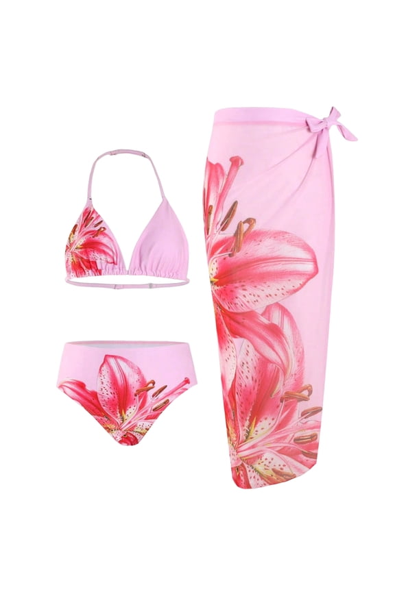 Girl's Graphic Print Wrap Front Ruched Cover Up Skirt Spaghetti Strap V Neck Swimsuit Bathing Suit Pink for Size 11-12 Years