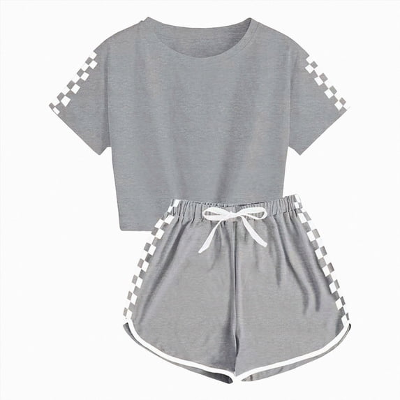 Nwiuh Girls 2 Piece Summer Outfits Cotton Short Sleeve T Shirt and Ribbed Ruffles Elastic Waist Shorts with Pockets (Grey, 11-12 Years)