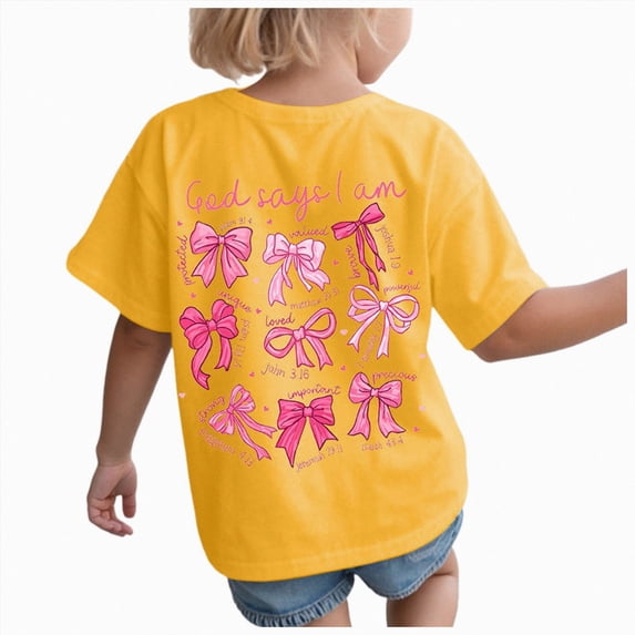 Nwiuh Girls Bow Graphic Cute T Shirts Crew Neck Short Sleeve Summer Casual Tee Tops(Yellow,2-3 Years)