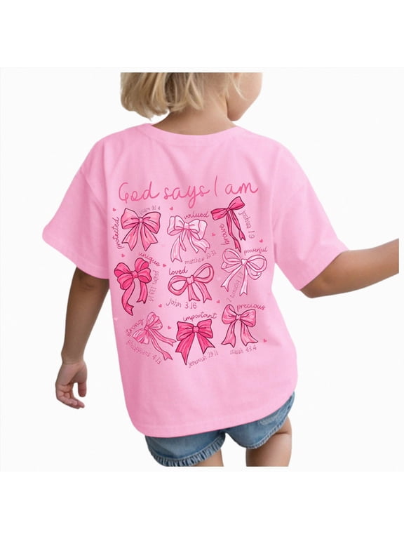 Girls Bow Print Short Sleeve T-Shirt Summer Crew Neck T Shirt Kids Tee(Pink,11-12 Years)
