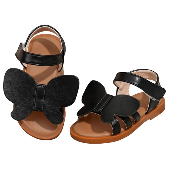 Nwiuh Girls Bow Sandals Open Toe Ankle Strap Flat Sandals Flower Girl Party Dress Shoes(Black, 8.5)