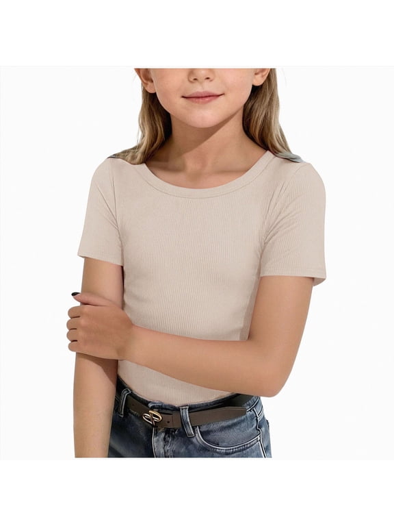 Girls Cap Sleeve T-Shirts Ribbed Tops | Back to School, Fitted Short Sleeve Shirts, U-Neck Basic Tees, Cute Casual Daily Wear, for Kids Tween Youth Teen(Beige,7-8 Years)