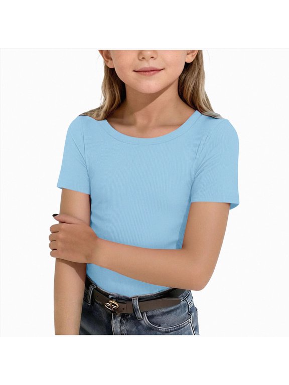 Girls Cap Sleeve T-Shirts Ribbed Tops | Back to School, Fitted Short Sleeve Shirts, U-Neck Basic Tees, Cute Casual Daily Wear, for Kids Tween Youth Teen(Light Blue,7-8 Years)
