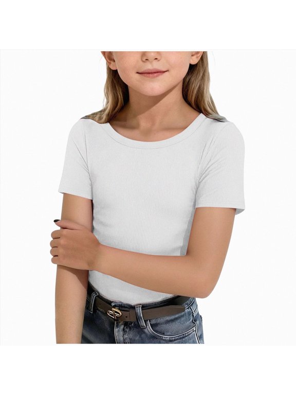 Girls Cap Sleeve T-Shirts Ribbed Tops | Back to School, Fitted Short Sleeve Shirts, U-Neck Basic Tees, Cute Casual Daily Wear, for Kids Tween Youth Teen(White,13-14 Years)