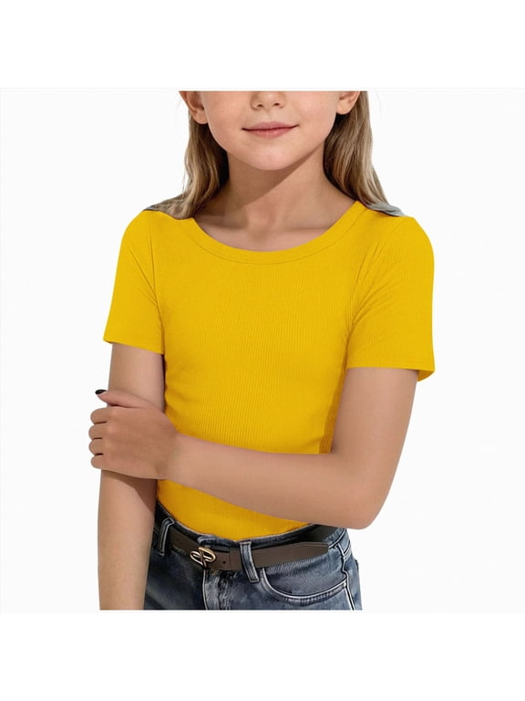 Girls Cap Sleeve T-Shirts Ribbed Tops | Back to School, Fitted Short Sleeve Shirts, U-Neck Basic Tees, Cute Casual Daily Wear, for Kids Tween Youth Teen(Yellow,9-10 Years)