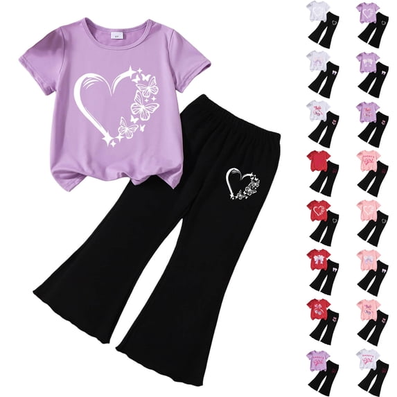 Nwiuh Girls Clothes 2 Piece Short Sleeve Lace Bow Print Tops Flared Pants Set Little Girl Outfits for Size 4-5 Years