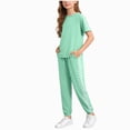 thumbnail image 1 of Nwiuh Girls Clothes Outfits Set Checkerboard 2PC Tracksuit Short Sleeve Raglan Tee and Joggers Pants (Green, 6-7 Years), 1 of 6