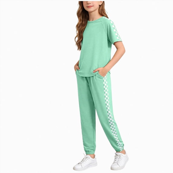 Nwiuh Girls Clothes Outfits Set Checkerboard 2PC Tracksuit Short Sleeve Raglan Tee and Joggers Pants (Green, 6-7 Years)