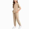 thumbnail image 1 of Nwiuh Girls Clothes Outfits Set Checkerboard 2PC Tracksuit Short Sleeve Raglan Tee and Joggers Pants (Khaki, 8-9 Years), 1 of 6
