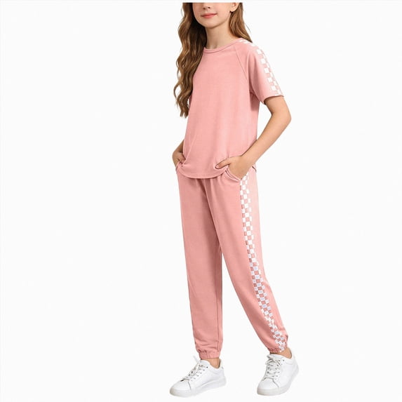 Nwiuh Girls Clothes Outfits Set Checkerboard 2PC Tracksuit Short Sleeve Raglan Tee and Joggers Pants (Pink, 8-9 Years)