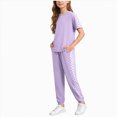 thumbnail image 1 of Nwiuh Girls Clothes Outfits Set Checkerboard 2PC Tracksuit Short Sleeve Raglan Tee and Joggers Pants (Purple, 9-10 Years), 1 of 6