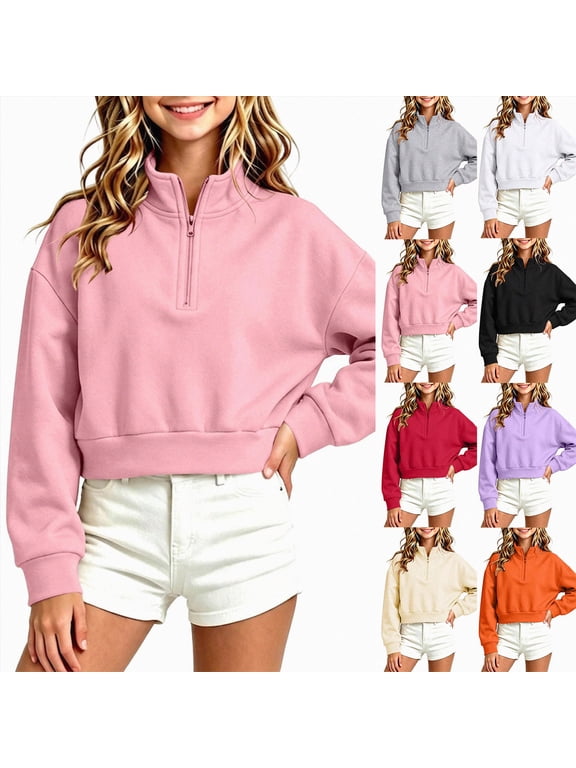 Girls Cropped Half Zipper Sweatshirt Mock Neck Pullover Sweater Solid Fall Winter Tops for Kids Tween Girls (White,12-13 Years)