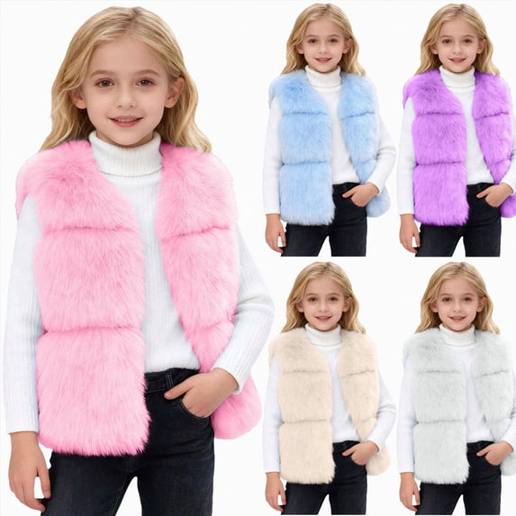 Nwiuh Girls Faux Fur Vest Kids Sleeveless Open Front Fluffy Jacket Warm Winter Fuzzy Waistcoat Outerwear with Pockets (Beige, 13-14 Years)