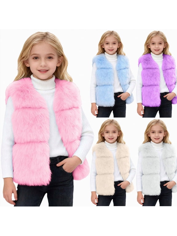 Girls Faux Fur Vest Kids Sleeveless Open Front Fluffy Jacket Warm Winter Fuzzy Waistcoat Outerwear with Pockets (Beige, 8-9 Years)