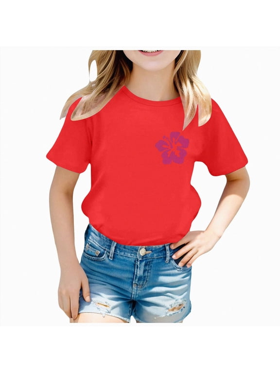 Girls Hibiscus Flower Graphic Tees Floral Hawaiian Beach Preppy Shirts for Kids Cute Aesthetic T Shirt Summer Tops(Red,3-4 Years)