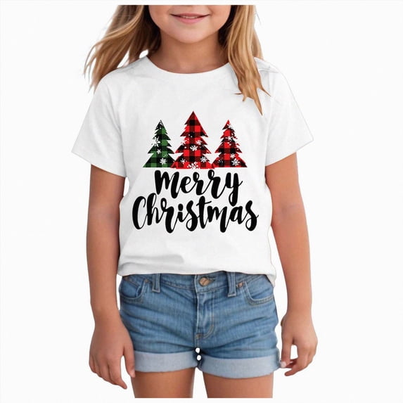 Nwiuh Girls Kids Merry Christmas Shirt Funny Xmas Graphic Short Sleeve Tee Holiday Casual Family Party Matching Tops(White,11-12 Years)
