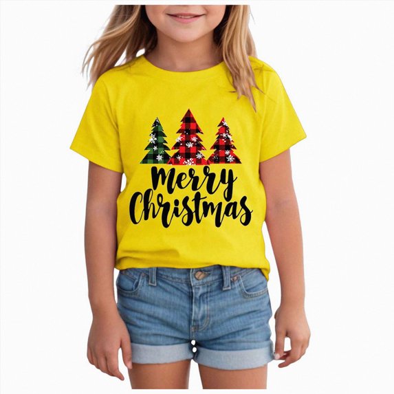 Nwiuh Girls Kids Merry Christmas Shirt Funny Xmas Graphic Short Sleeve Tee Holiday Casual Family Party Matching Tops(Yellow,11-12 Years)
