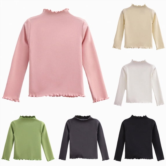 Nwiuh Girls Lettuce Edge Trim Mock Neck Long Sleeve Slim Fit T-Shirt Tops Lightweight Knit Tee (Green, 7-8 Years)