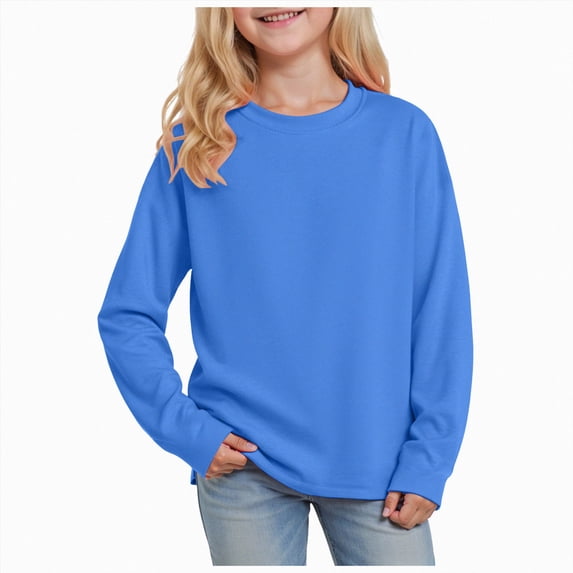 Nwiuh Girls Long Sleeve Shirts Kids Crewneck Tunic Tops Fashion Clothes, Curved Hem Tees(Blue,14-15 Years)